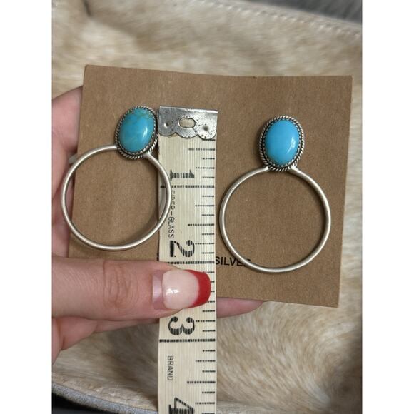 Huge Native American Sterling Silver Blue Kingman Turquoise Hoop Post Earrings - Picture 16 of 16